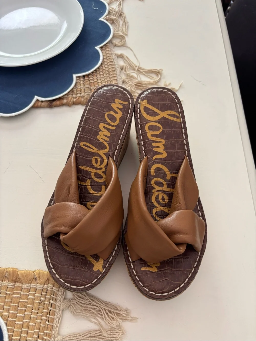 Sam Edelman Leather Knot Slide Sandals Cork Heel Brown Women’s Size 7.5